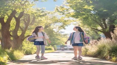学生的妈妈与青春期孩子在户外散步交谈，阳光明媚，轻松愉快的亲子沟通场景，展现良好的亲子关系