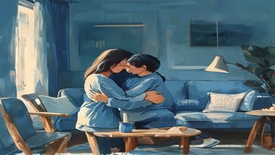 学生的妈妈在孩子做完作业后给予鼓励拥抱，温馨的家庭客厅场景，靛蓝色调，爱与支持的氛围