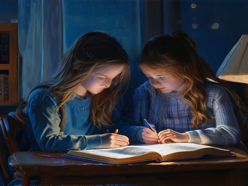 温暖的学生的妈妈坐在书桌旁陪伴孩子认真学习，靛蓝色台灯光线柔和，母子之间传递着专注与爱的氛围